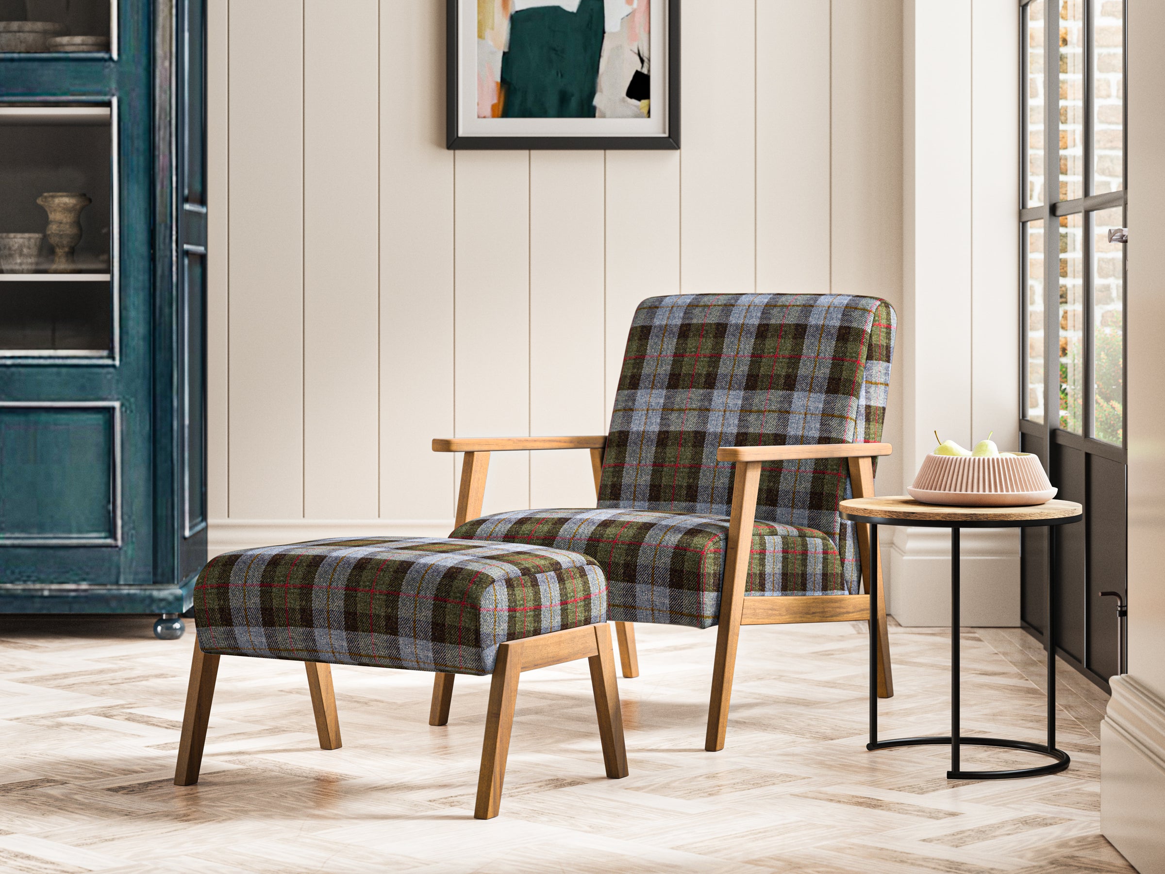 Joran Footstool and Chair in Check Skye with mid legs